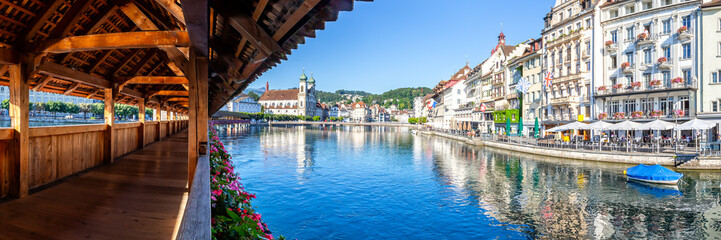 Lucerne Chapel Bridge Kapellbrücke city at Reuss river panorama in Switzerland