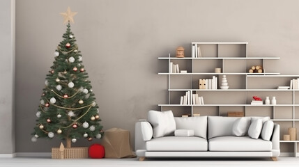 Domestic and cozy christmas living room interior with corduroy sofa, white shelf. ai generative