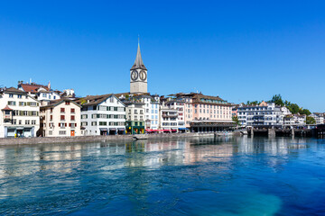 Fototapeta na wymiar Zurich skyline city at Linth river in Switzerland