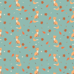 Seamless foxes pattern. Foxes with leaf and flowers greeting card pattern, foxes character