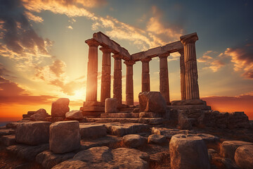 A setting sun casts golden light over a row of ancient stone pillars in Greek ruins, making the detailed carvings come to life - obrazy, fototapety, plakaty