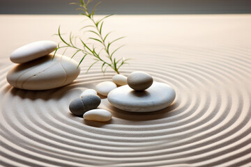 Fototapeta na wymiar A variety of smooth pebbles meticulously arranged in a small Zen garden, with raked sand forming concentric circles around them