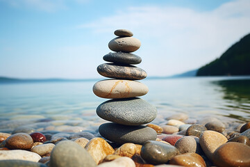 A stack of irregularly shaped stones balanced on top of each other, set against the backdrop of a serene beach at sunset