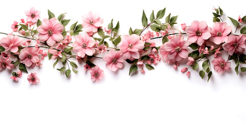 Obraz premium Branch of pink blooming flowers on a white background.