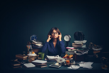 Tired and sad young woman sitting over a pile of documents. Many tasks, hard work and fatigue.  Time pressure. Office items. Dark blue background. Generative AI