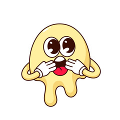 Groovy Halloween emoji in shock vector illustration. Cartoon isolated retro weird emoticon with funky face, scary eyes and mouth open in horror and fear, Halloween psychedelic character melting