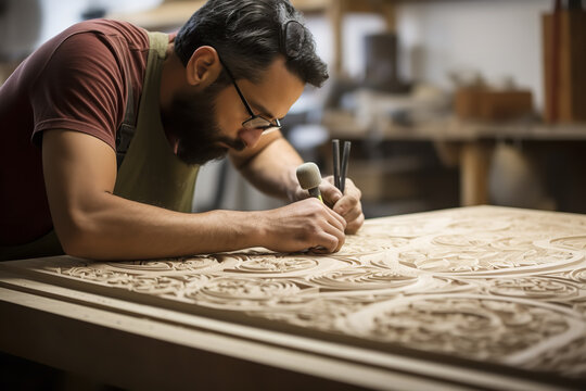 A skilled craftsman carefully carving intricate designs into a marble slab using chisels and mallets, concentrated on his work