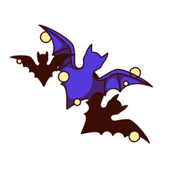 Obraz premium Groovy Halloween bats vector illustration. Cartoon isolated retro Halloween sticker with black and purple silhouettes of flying gothic vampires, flock of spooky creepy monster characters with wings