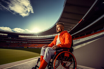 Handsome disabled football player in a wheelchair on a stadium. Person with a disability and ex successful player concept.