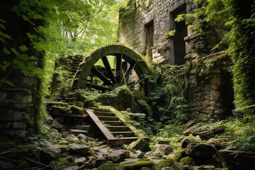 An old  mill, abandoned and partially covered in overgrown vegetation, evoking a sense of history and untold stories - obrazy, fototapety, plakaty