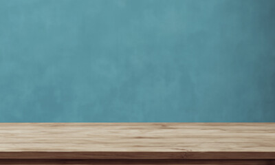 木製のテーブルと奥に青の壁の背景素材
