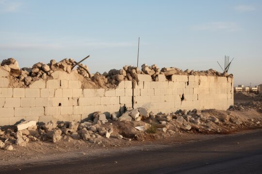 photo of a demolished boundary wall in a conflict zone