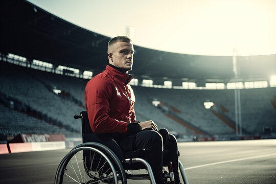 Handsome disabled football player in a wheelchair on a stadium. Person with a disability and ex successful player concept.