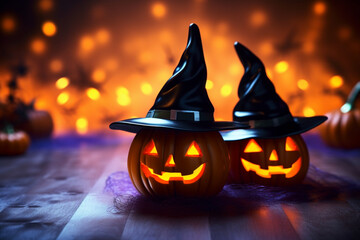 Halloween pumpkins with witch's hat neon colored background