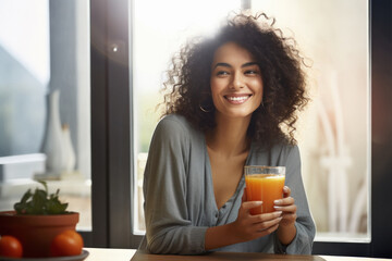 young Indian woman holding a glass of fresh juice