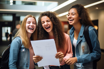 Happy female student showing test results to her friends while standing in a lobby.