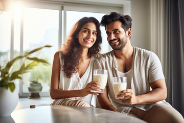 Happy young Indian couple holding glasses of milk. - obrazy, fototapety, plakaty