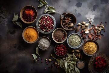 from above of various spices in bowls on dark grunge background, food style photography, top view, generative ai - obrazy, fototapety, plakaty