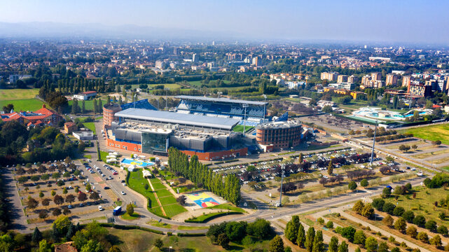 Aerial view of Mapei Stadium. Città del Tricolore stadium is a multi-purpose stadium in Reggio Emilia, Italy. It's currently the home ground of Sassuolo and Reggiana. Reggio Emilia, Italy - 10 13 2023