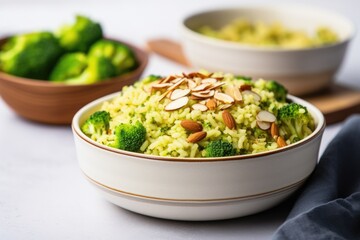 broccoli rice with almond slices in ceramic bowl