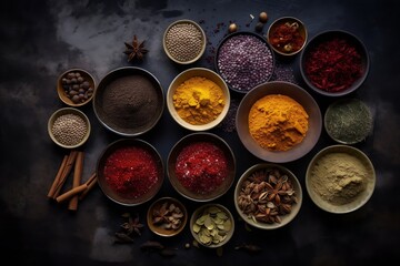 Obraz na płótnie Canvas from above of various spices in bowls on dark grunge background, food style photography, top view, generative ai