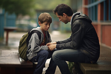 Father consoling his little son on his first day of school, sitting on stair and saying goodbye before school. - Powered by Adobe