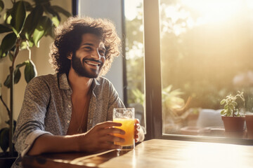 young Indian man holding a glass of fresh juice - obrazy, fototapety, plakaty