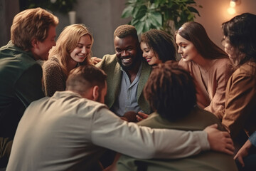 Diverse people sitting in circle participating in group psychological session, touching and hugging each other, showing support and togetherness. Mental health concept. - obrazy, fototapety, plakaty