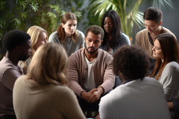 Emotional mix races man telling about himself and his story to other people at support group meeting. People sitting in circle talking and listening to each other's stories. Mental health concept.