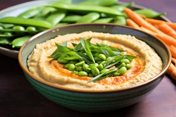 hummus in a ceramic bowl with sugar snap peas and baby carrots