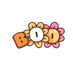 Groovy Halloween sticker with Boo lettering vector illustration. Cartoon isolated retro typography design with funny bubble font, flowers on letters and hippie vibe, cute funny Halloween sticker