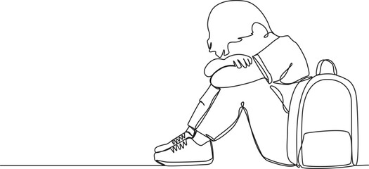 continuous single line drawing of sad boy with schoolbag sitting on floor covering his face, line art vector illustration