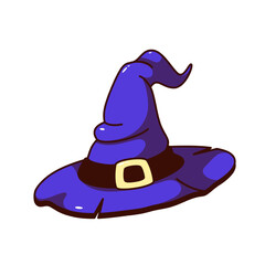 Groovy Halloween witch hat vector illustration. Cartoon isolated retro psychedelic sticker of old purple pointy cap of magician and wizard decorated with buckle, cute magic hat for witchcraft