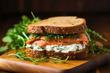trout sandwich with creamy horseradish spread on rye bread