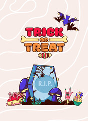 Halloween party banner design vector illustration. Cartoon Halloween poster, greeting card template with Trick or Treat lettering, psychedelic groovy cemetery with mushrooms, bats and zombie hand