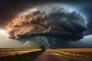 Supercell storm clouds with lightning and intence winds over road in rural area.