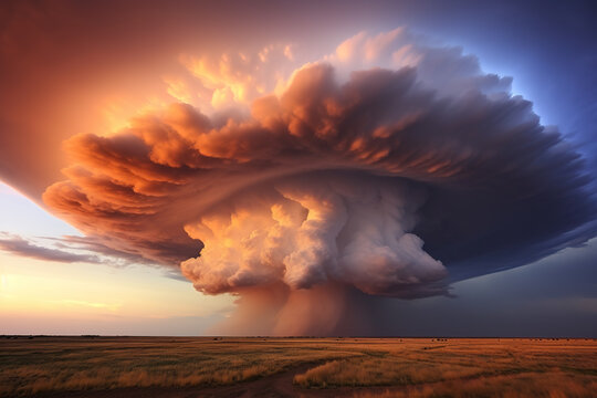 Beautiful supercell thunderstorm with dramatic clouds over countryside field at sunset.