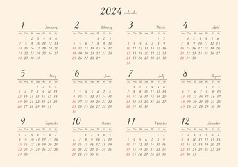 2024年_年間カレンダー_レトロ ヨコ型