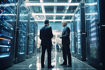 Senior business engineer talking with his business partner, surrounded by database servers. - obrazy, fototapety, plakaty