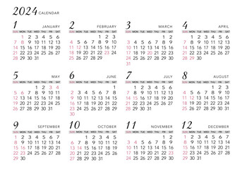 2024年_年間カレンダー_シンプル ヨコ型
