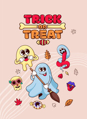 Halloween party banner design vector illustration. Cartoon cute greeting card template, invitation for Halloween celebration with happy psychedelic ghost characters, skull and funky emoji with drips