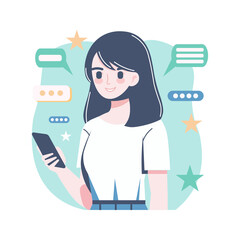 a girl, connected to ai chatbot using a smartphone, smiling, trendy flat corporate design, illustration