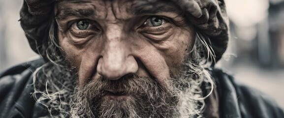 portrait of a sad homeless man, suffering from depression. He has a beard and dirty face and clothing. 