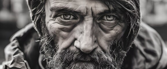 portrait of a sad homeless man, suffering from depression. He has a beard and dirty face and clothing. 