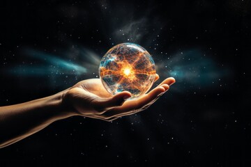 An image of an abstract human hand extending toward a celestial sphere, illustrating the connection between the creator's touch and the power of the universe. - obrazy, fototapety, plakaty