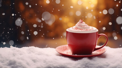Fototapeta premium Winter background with a red cup of hot cappuccino and Christmas bokeh.