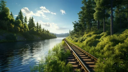 Fotobehang A railroad in a beautiful green forest by the river © red_orange_stock