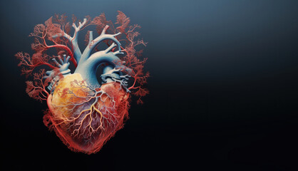 Colorful fantasy illustration of a human heart on a dark background
