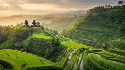rice terraces in island
Bali's enchanting landscapes and the emotional connection they evoke. A serene rice terrace, the vivid green of the fields reflecting the island's tranquility. The terraces ext