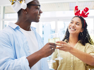 Woman, man and champagne toast at office, Christmas party and celebration drink with cheers for culture. Excited girl, xmas and smile for alcohol, sparkling wine glass and happy at event for holiday